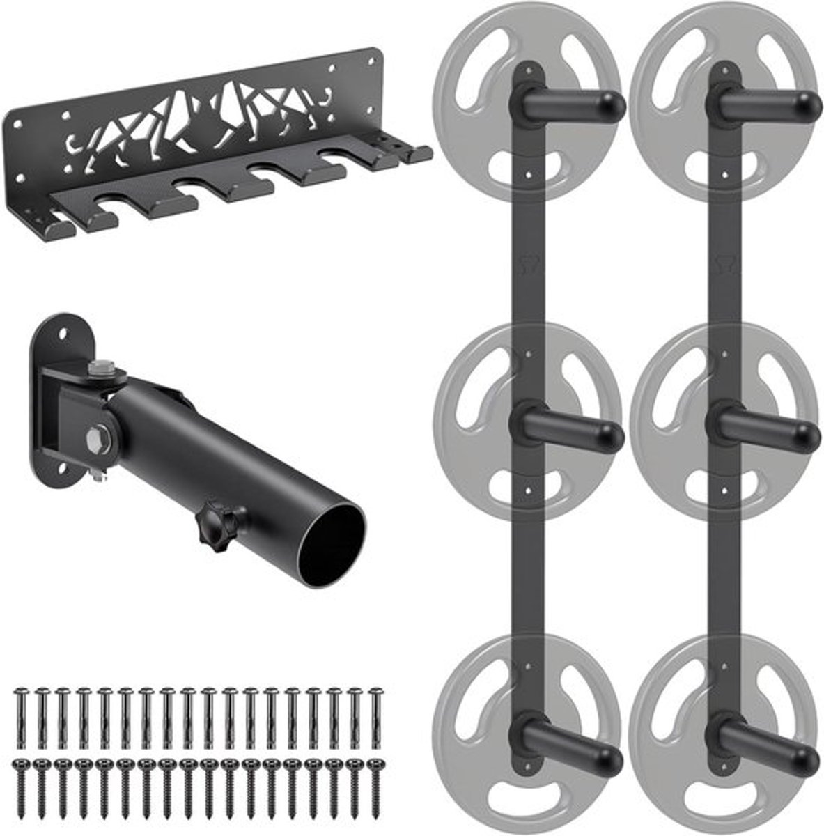 Fitness Organizer Set - Wandmontage Gewichten en Platen Opslagrek (2 stuks), Dumbbell Opslag met T-bar Rij en Landmine Platform - Duurzaam Staal, Eenvoudige Installatie en Ruimtebesparend Ontwerp