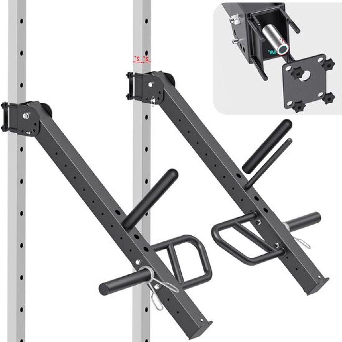 Power Rack Jammerarmen - Verstelbare hoogte- en hoek Lever-Arm Systeem voor 2x2 Power Cages - Geschikt voor Olympische Schijven - 1 paar