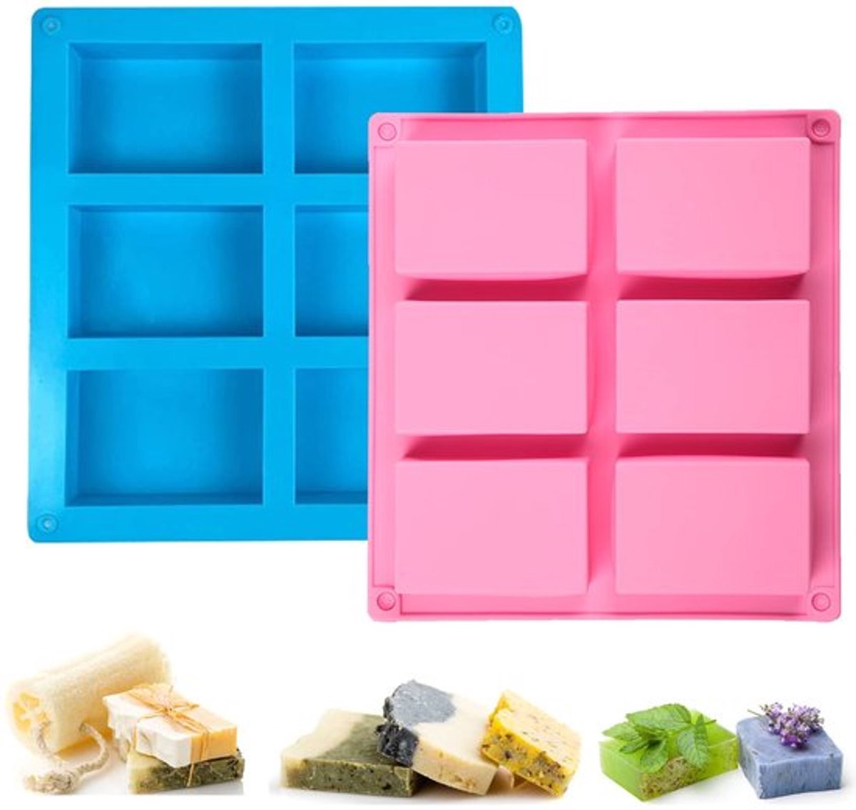Siliconen zeepvormen - 6-cavity rechthoekig - Handgemaakt - Roze en blauw - Voor zeep en cupcakes - Perfect voor DIY projecten