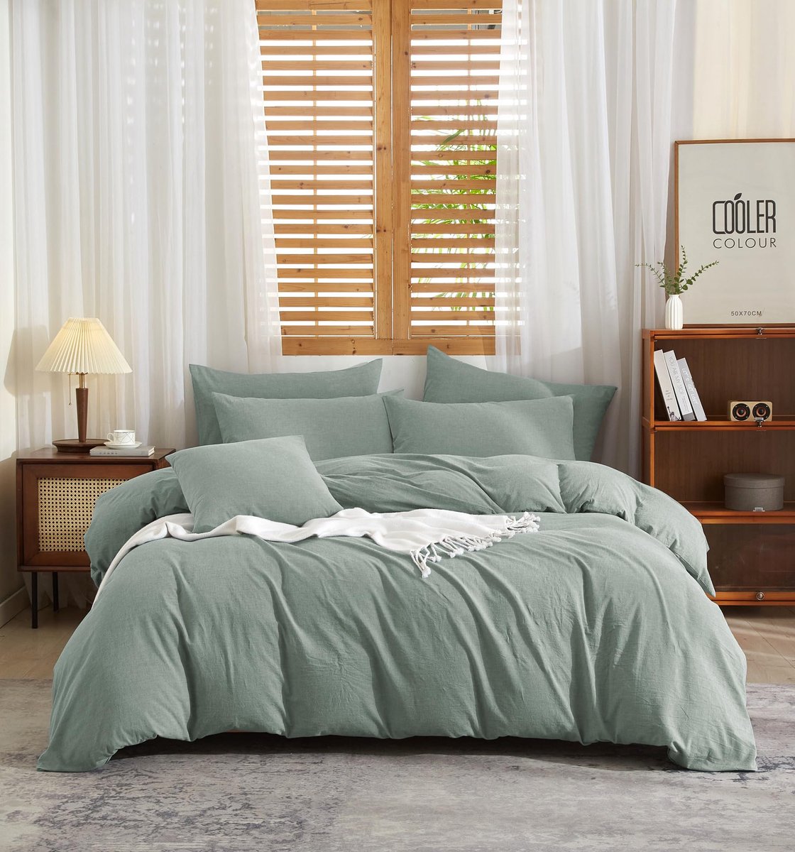 SnelShoppen - YASMENG Half-Linen Beddengoed Set 220x240 Groen, Zacht en Ademend Katoen en Linnen, Modern Design met Ritssluiting en 2 Kussenslopen 80x