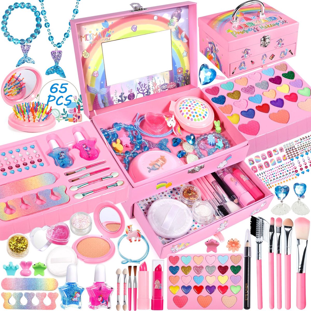 SnelShoppen - MOYKSRR Kindermake-upset Meisjes - 65-delige Wasbare Make-upset voor Kinderen - Perfect voor Feesten, Halloween, Kerst en Verjaardagen -