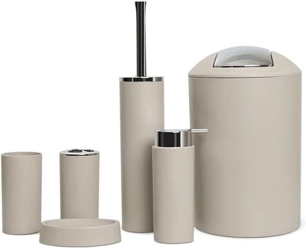 6-delige Badkamer Accessoireset - Lotionfles, Tandenborstelhouder, Tandbeker, Zeepbakje, Toiletborstel en Prullenbak - Beige Kleur, Functioneel en Stijlvol
