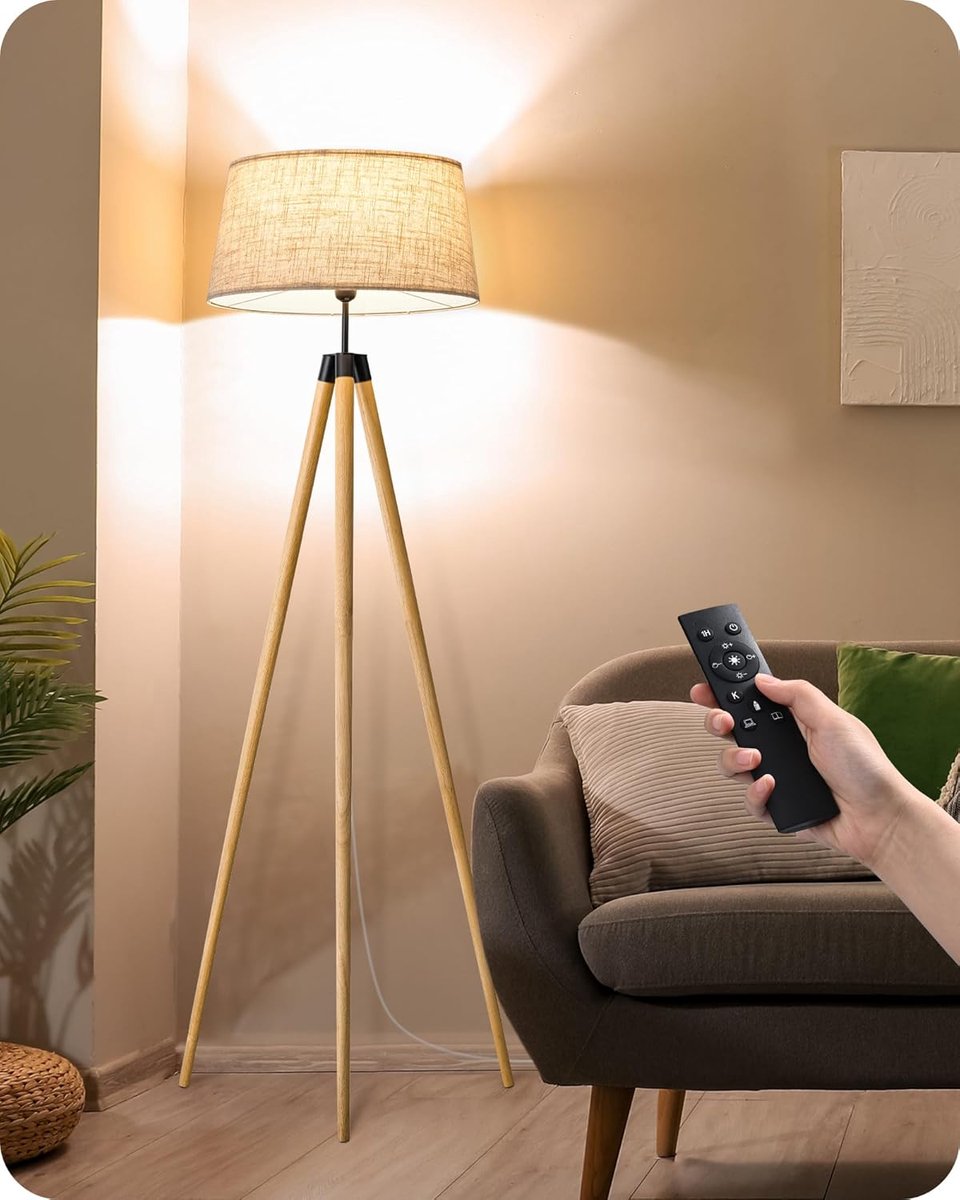 SnelShoppen - Dimbare Vloerlamp Boho met Houten Statief, Inclusief E27 LED Lamp & Afstandsbediening, Vintage Linnen Lampenkap, 154 cm voor Woonkamer,