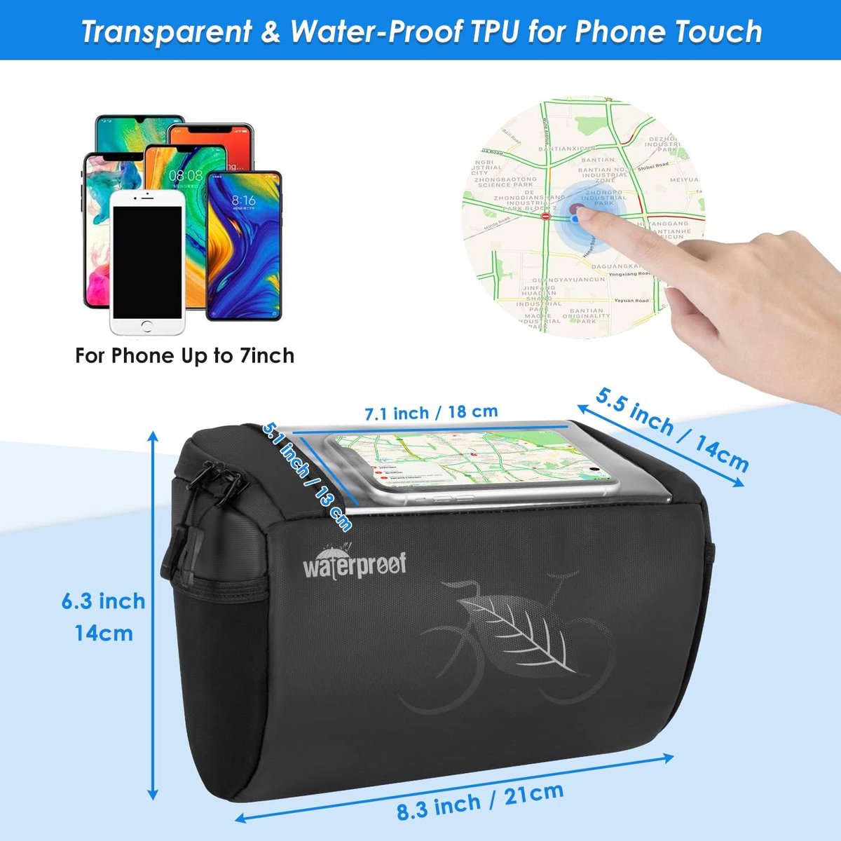 SnelShoppen - Wotow Fietsstuurtas Waterdicht Voorframe Bewaarmand 3L met Reflecterende Patronen en Transparante Waterafstotende Touchscreen Telefoonho
