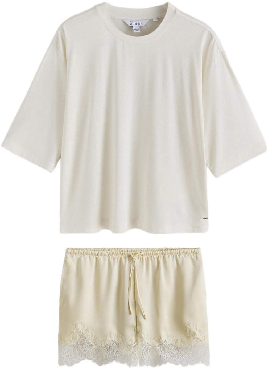 Next Dames - Pyjamaset met short en kanten details - Crème Cream/Yellow