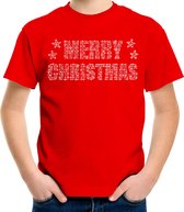 Glitter kerst t-shirt rood Merry Christmas glitter steentjes/ rhinestones   voor kinderen - Glitter kerst shirt/ outfit XL