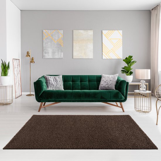 Bruin shaggy vloerkleed voor een groene bank in een lichte woonkamer.