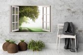 Trend24 - Canvas Schilderij - Raam - Misty Tree - Schilderijen - Natuur - 90x60x2 cm - Groen