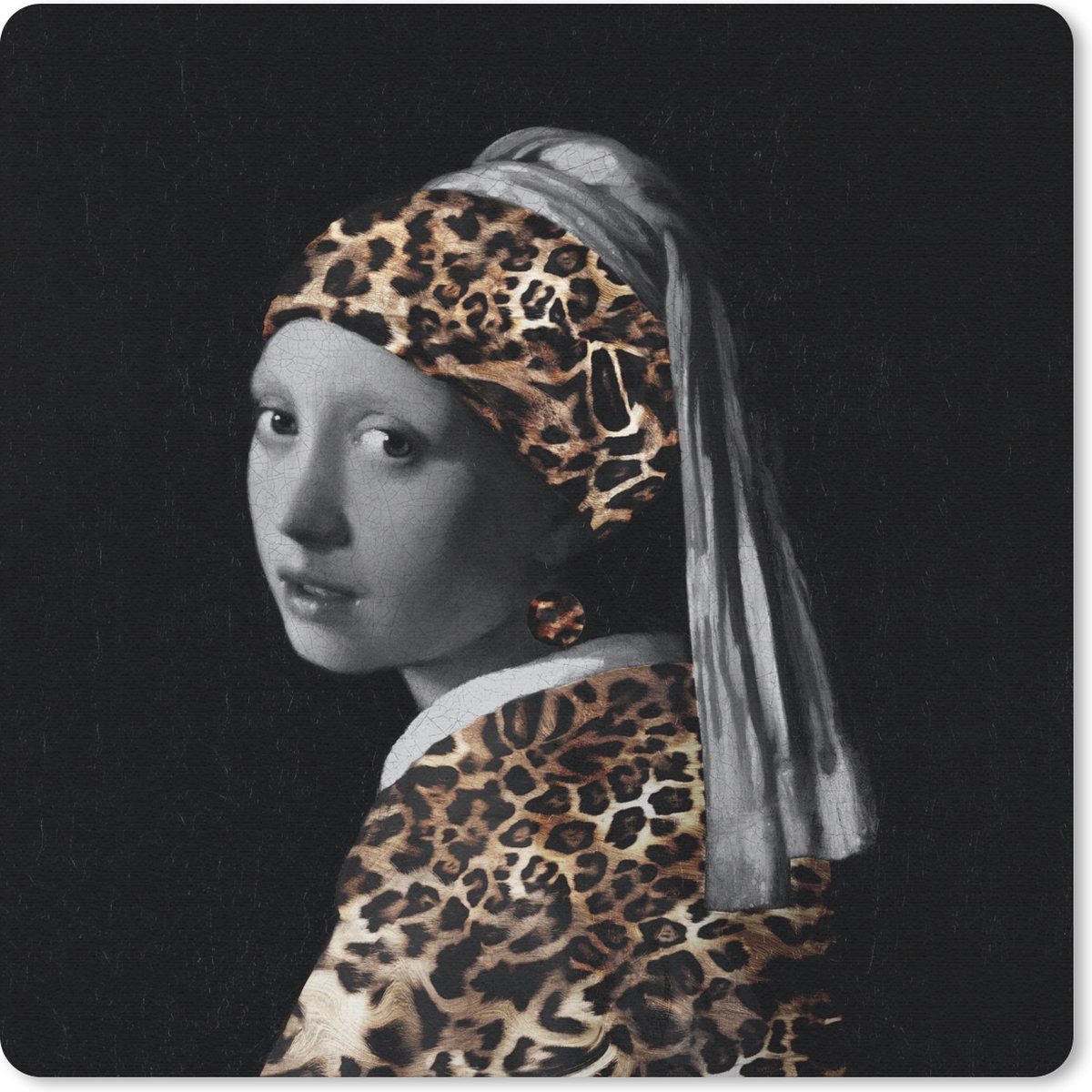 Muismat 30x30 cm - Mousepad Meisje met de parel - Panterprint - Johannes Vermeer - Muismatten