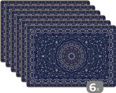 Placemat - Placemats kunststof - Perzisch Tapijt - Mandala - Vloerkleed - Blauw - 45x30 cm - 6 stuks - Hittebestendig - Anti-Slip - Onderlegger - Afneembaar