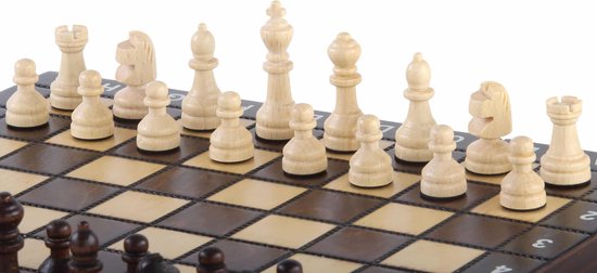 Thumbnail van een extra afbeelding van het spel Luxe houten schaakset + dammen + Backgammon Schoolformaat - Veldmaat 26 mm