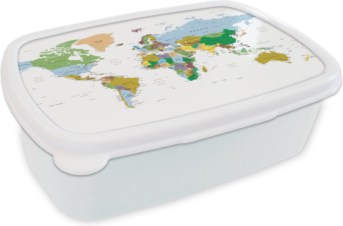 Broodtrommel Wit - Lunchbox - Brooddoos - Wereldkaart - Aarde - Kleuren - 18x12x6 cm - Volwassenen