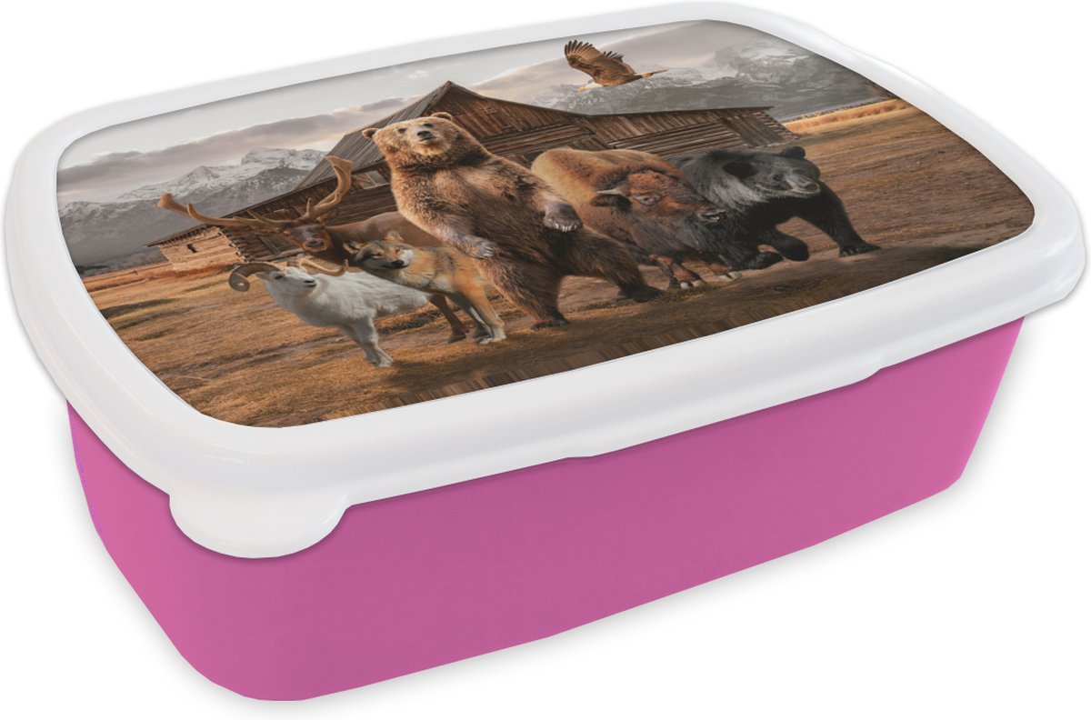 Broodtrommel Roze - Lunchbox - Brooddoos - Beer - Big Five - Dieren - 18x12x6 cm - Kinderen - Meisje