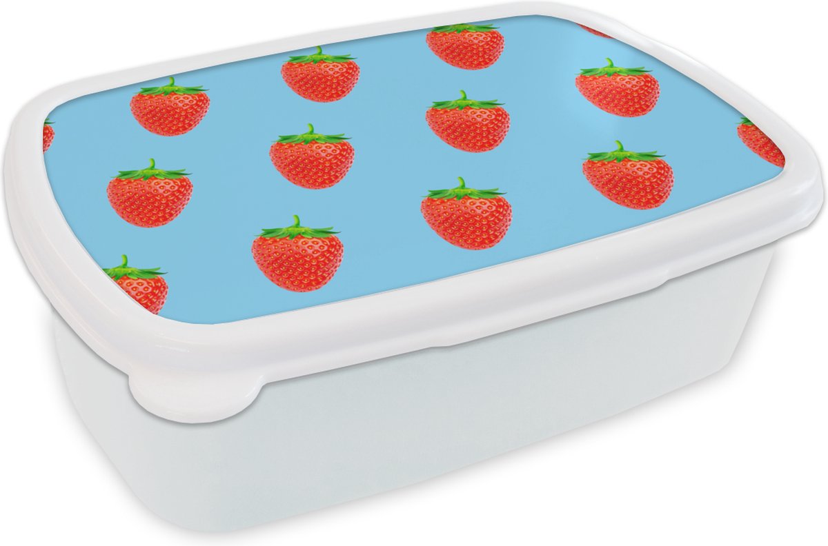 Broodtrommel Wit - Lunchbox - Brooddoos - Aardbei - Patroon - Zomer - 18x12x6 cm - Volwassenen