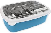 Broodtrommel Blauw - Lunchbox - Brooddoos - Badderende olifant - zwart wit - 18x12x6 cm - Kinderen - Jongen