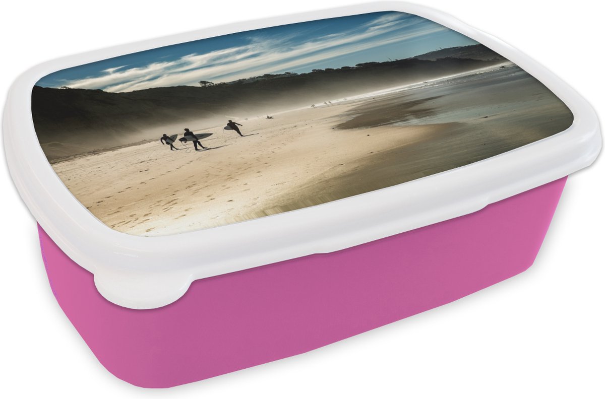 Broodtrommel Roze - Lunchbox - Brooddoos - Surfers op het strand - 18x12x6 cm - Kinderen - Meisje