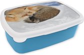 Broodtrommel Blauw - Lunchbox - Brooddoos - Rode vos - Sneeuw - Dieren - 18x12x6 cm - Kinderen - Jongen