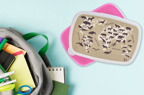 Lunch box Rose - Lunch box - Boîte à pain - Wereldkaart - Animaux - Monde - 18x12x6 cm - Enfants - Fille