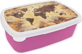 Broodtrommel Roze - Lunchbox - Brooddoos - Wereldkaart - Glitter - Goud - 18x12x6 cm - Kinderen - Meisje