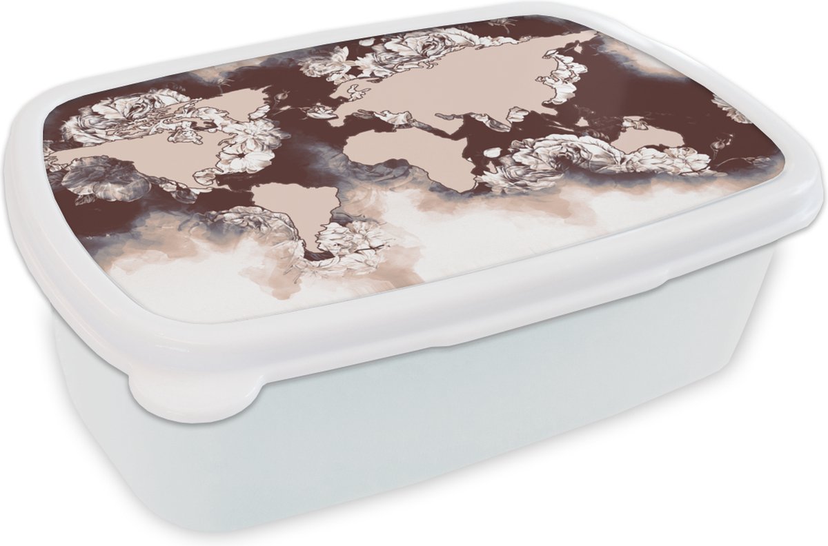 Broodtrommel Wit - Lunchbox - Brooddoos - Wereldkaart - Bruin - Rozen - 18x12x6 cm - Volwassenen
