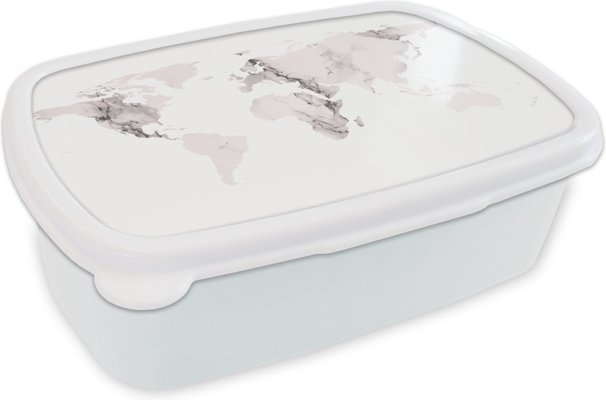 Broodtrommel Wit - Lunchbox - Brooddoos - Wereldkaart - Marmer - Grijs - 18x12x6 cm - Volwassenen