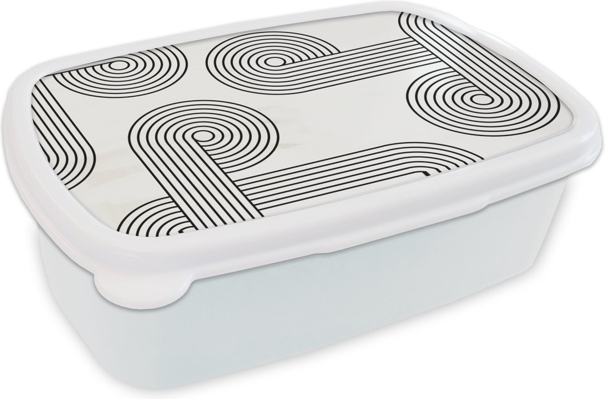 Broodtrommel Wit - Lunchbox - Brooddoos - Kunst - Rond - Zwart - Wit - 18x12x6 cm - Volwassenen