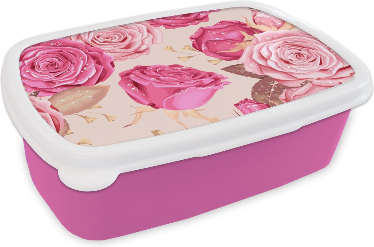Broodtrommel Roze - Lunchbox - Brooddoos - Rozen - Bloemen - Druppels - 18x12x6 cm - Kinderen - Meisje