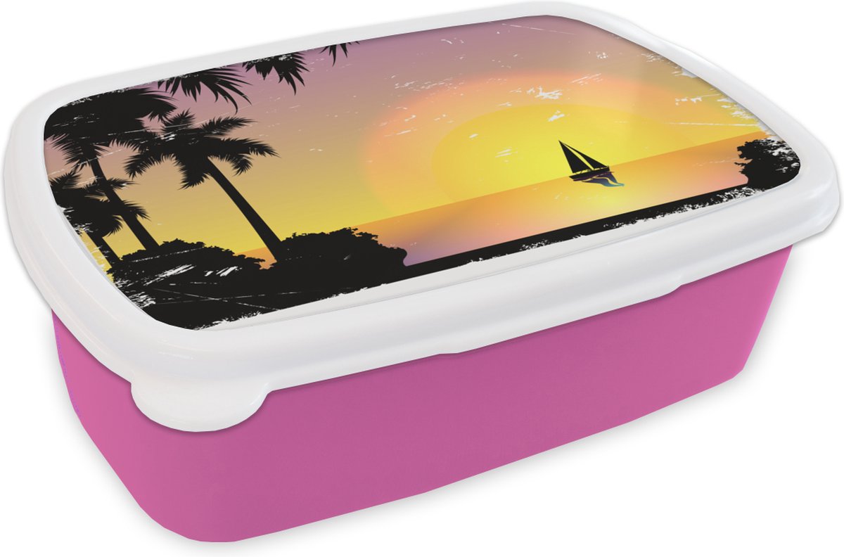 Broodtrommel Roze - Lunchbox - Brooddoos - Zeilboot - Palmboom - Zon - 18x12x6 cm - Kinderen - Meisje