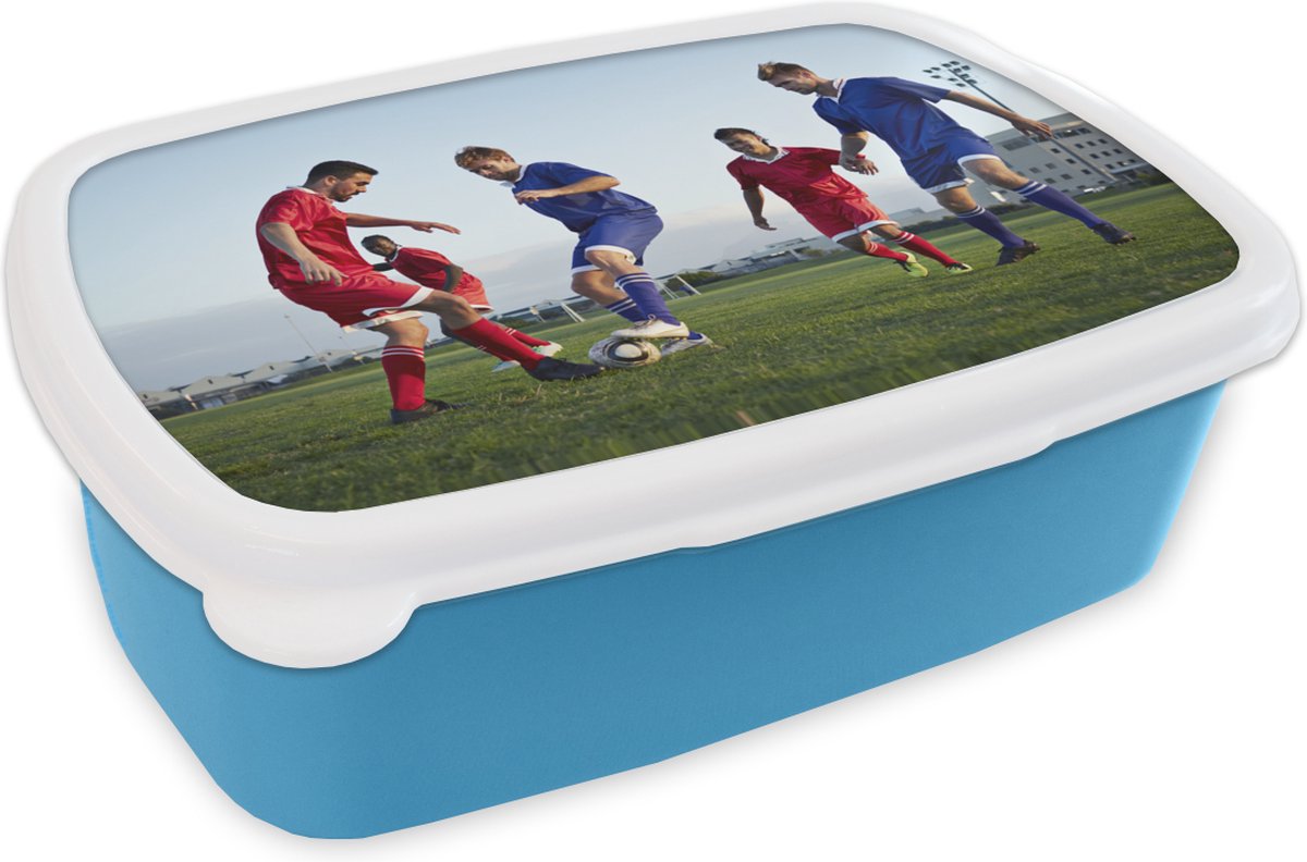 Broodtrommel Blauw - Lunchbox - Brooddoos - Voetbalwedstrijd - 18x12x6 cm - Kinderen - Jongen