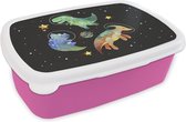 Broodtrommel Roze - Lunchbox - Brooddoos - Sterren - Dinosaurus - Kindje - Meiden - Jongens - Kids - Kinderen - 18x12x6 cm - Kinderen - Meisje
