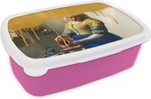 Broodtrommel Roze - Lunchbox - Brooddoos - Melkmeisje - Goud - Vermeer - 18x12x6 cm - Kinderen - Meisje