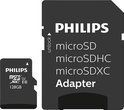 Philips microSD-kaart en adapter. De kaart is 128 GB. De adapter heeft de tekst 'unlock' en 'microSD microSDHC microSDXC Adapter'.