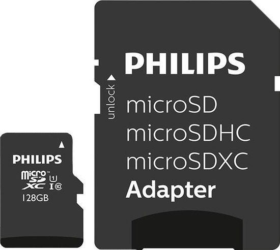 Philips microSD-kaart en adapter. De kaart is 128 GB. De adapter heeft de tekst 'unlock' en 'microSD microSDHC microSDXC Adapter'.
