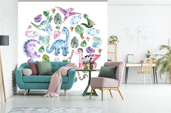 Papier Peint - Papier Papier peint photo Chambre d'Enfant - Dinosaurus - Cercle - Largeur 280 cm x Hauteur 280 cm