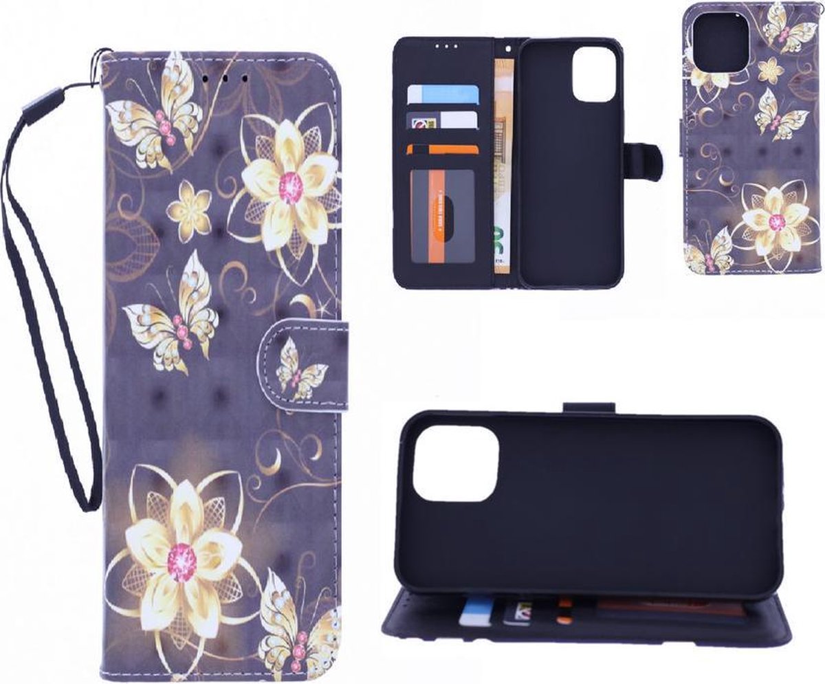 Bookcase Geschikt voor: iPhone 12 Pro Max hoesje met print - Butterflies And Flowers 3D