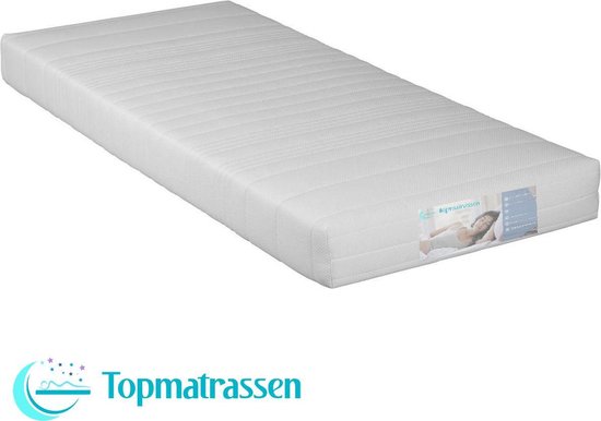 Wit polyether matras van 14 cm dik met een Topmatrassen-label en afbeelding van een slapende vrouw.