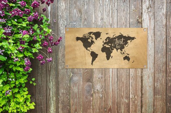 Poster de Jardin Carte du Wereldkaart - Papyrus - Citation - 80x40 cm - Décoration murale Extérieure - Poster de Jardin - Toile de Jardin - Poster Clôture - Tableau Jardin