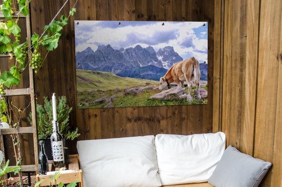 Banner met koe en bergen, hangend boven een bank buiten.