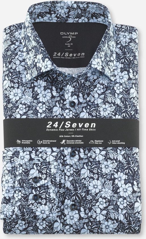 OLYMP Level 5 24/Seven body fit overhemd - blauw gebloemd tricot - Strijkvriendelijk - Boordmaat: 41