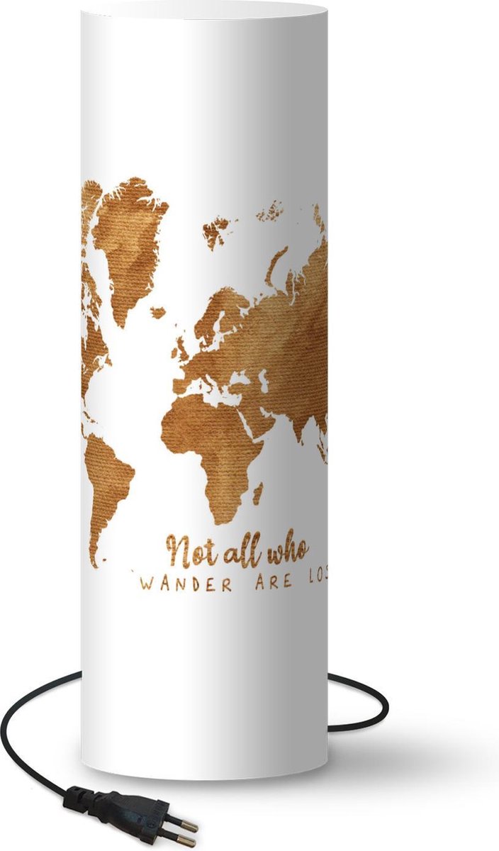 Lamp - Nachtlampje - Tafellamp slaapkamer - Wereldkaart - Brons - Quote - 70 cm hoog - Ø22.3 cm - Inclusief LED lamp