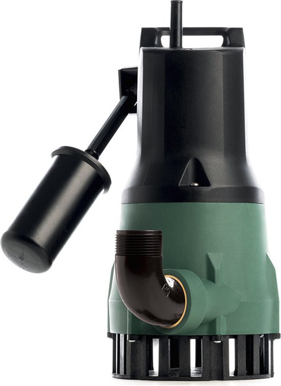Zwarte en groene DAB FEKA 300 M-A vuilwaterpomp met vlotterarm en aanzuigfilter.