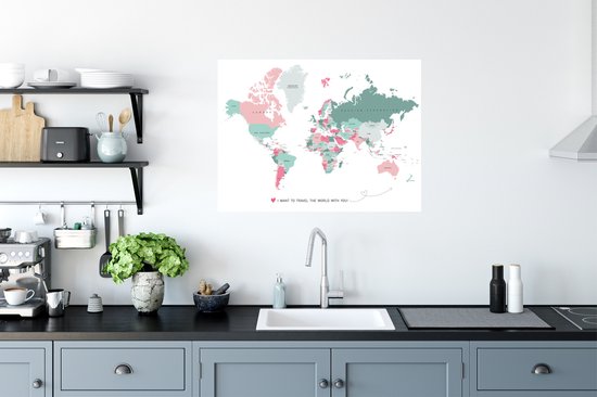 Sticker Muursticker cartes du Wereldkaart - Carte du monde Romantique - 80x60 cm - Film adhésif autocollant - Sticker mural repositionnable