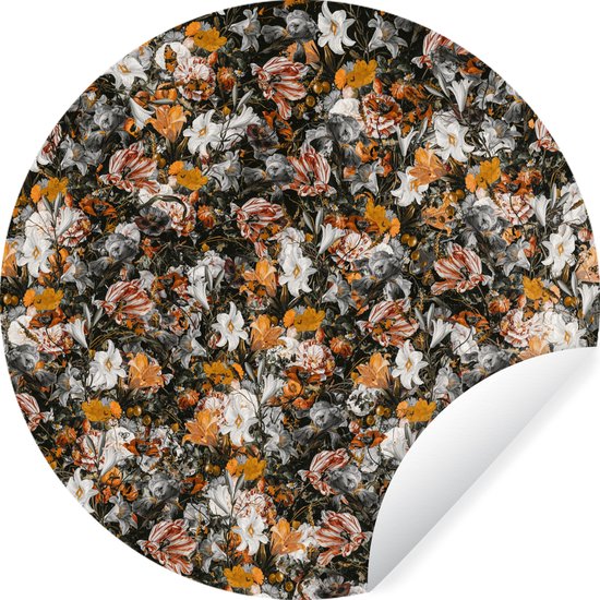Papier Peint Cercle - Fleurs - Collage - Art - 50x50 cm - Cercle Mural - Auto-adhésif - Autocollant Rond Papier Peint
