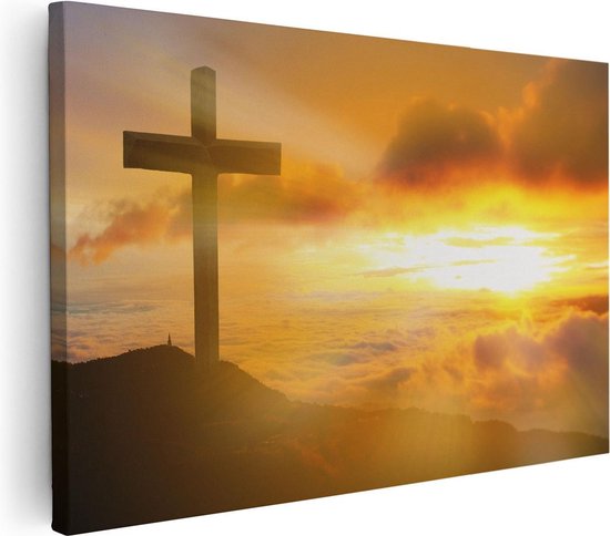 Artaza Canvas Schilderij Kruis van Jezus Christus bij Zonsondergang - 120x80 - Groot - Foto Op Canvas - Wanddecoratie Woonkamer