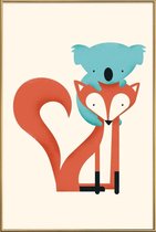 JUNIQE - Poster met kunststof lijst Fox and Koala -30x45 /Blauw &