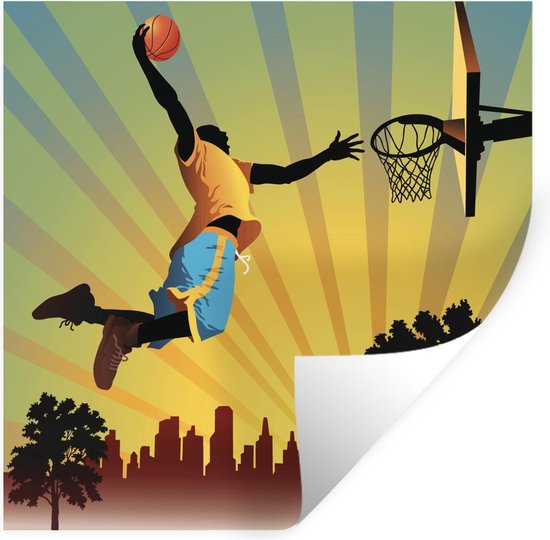 Sticker Muursticker Basketbal illustration - joueur de basket stylé pense  à... | bol