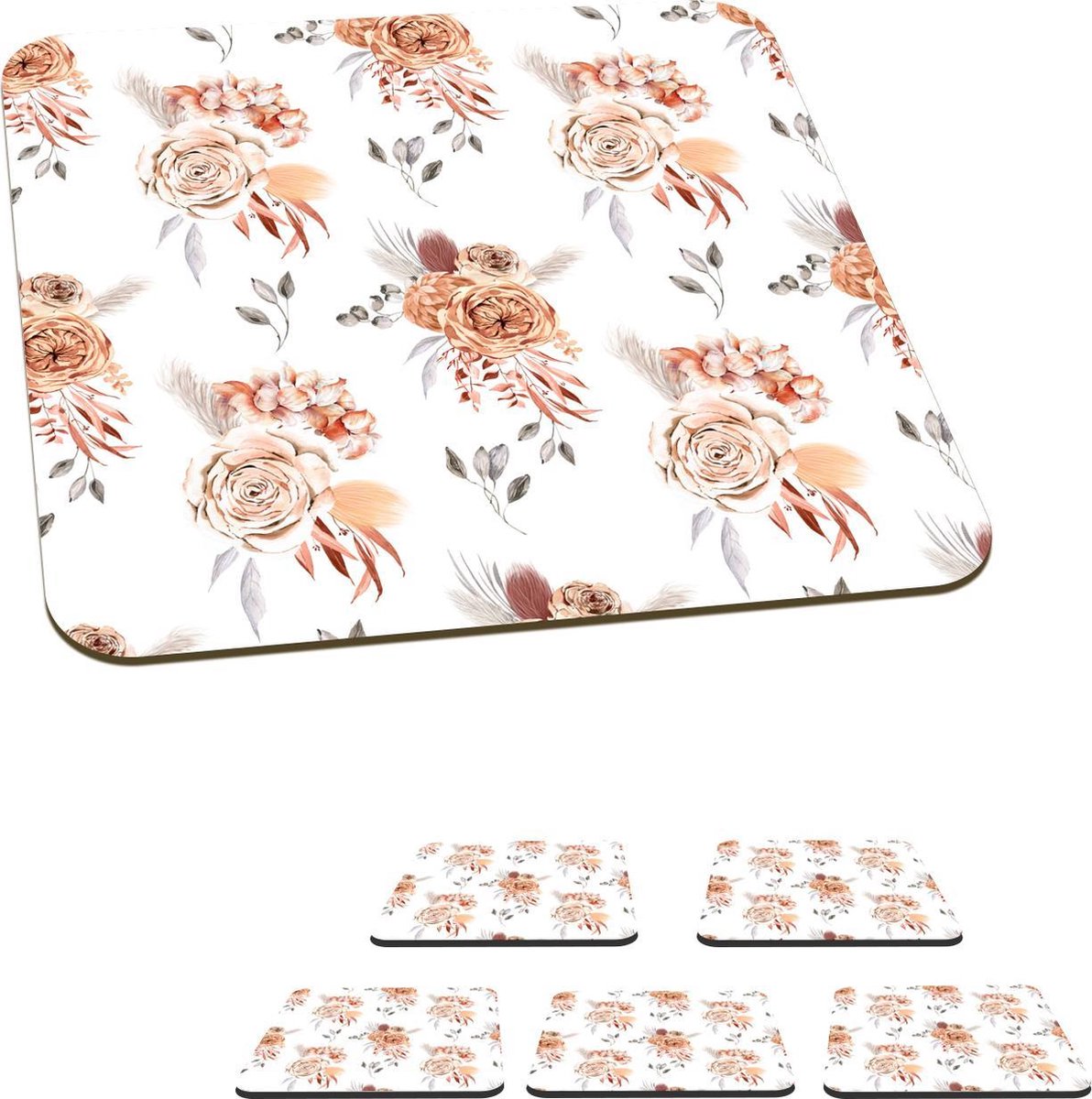 Onderzetters voor glazen - Bloemen - Rozen - Bladeren - Wit - 10x10 cm - Glasonderzetters - 6 stuks