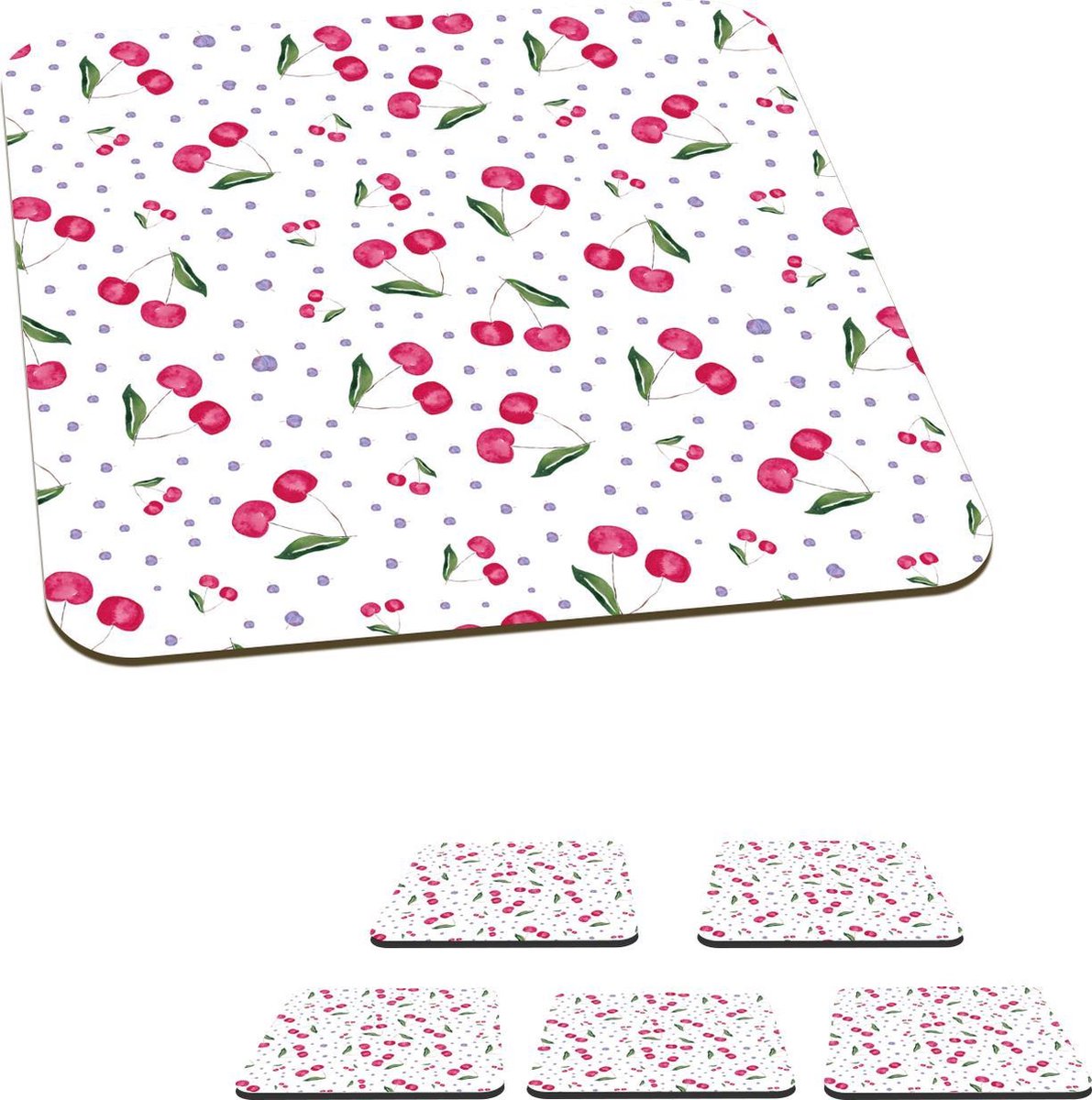 Onderzetters voor glazen - Kersen - Wit - Patronen - 10x10 cm - Glasonderzetters - 6 stuks
