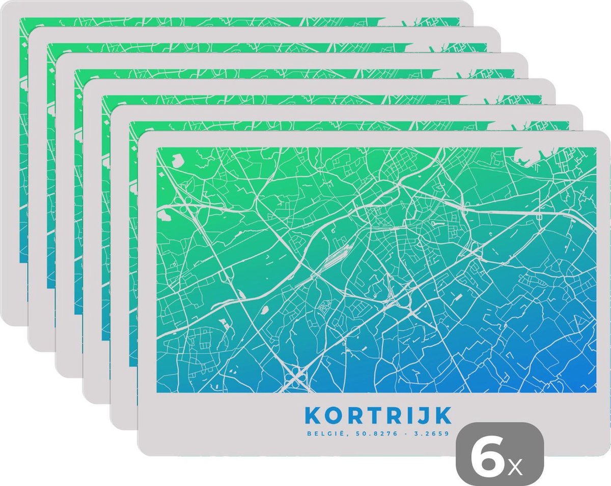Placemat - Placemats kunststof - Stadskart - België - Kortrijk - Blauw - 45x30 cm - 6 stuks - Hittebestendig - Anti-Slip - Onderlegger - Afneembaar
