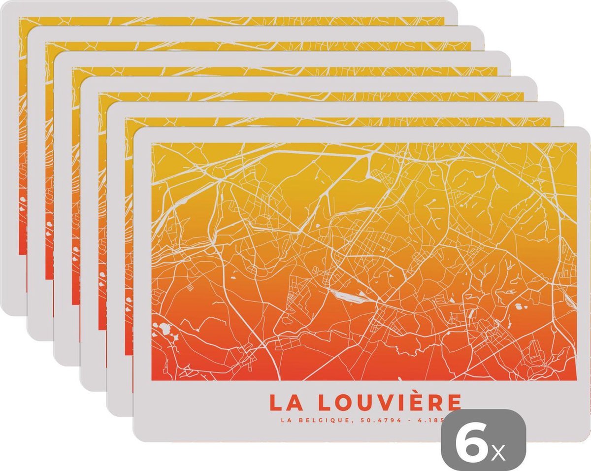 Placemat - Placemats kunststof - Stadskaart - België - La Louvière - 45x30 cm - 6 stuks - Hittebestendig - Anti-Slip - Onderlegger - Afneembaar